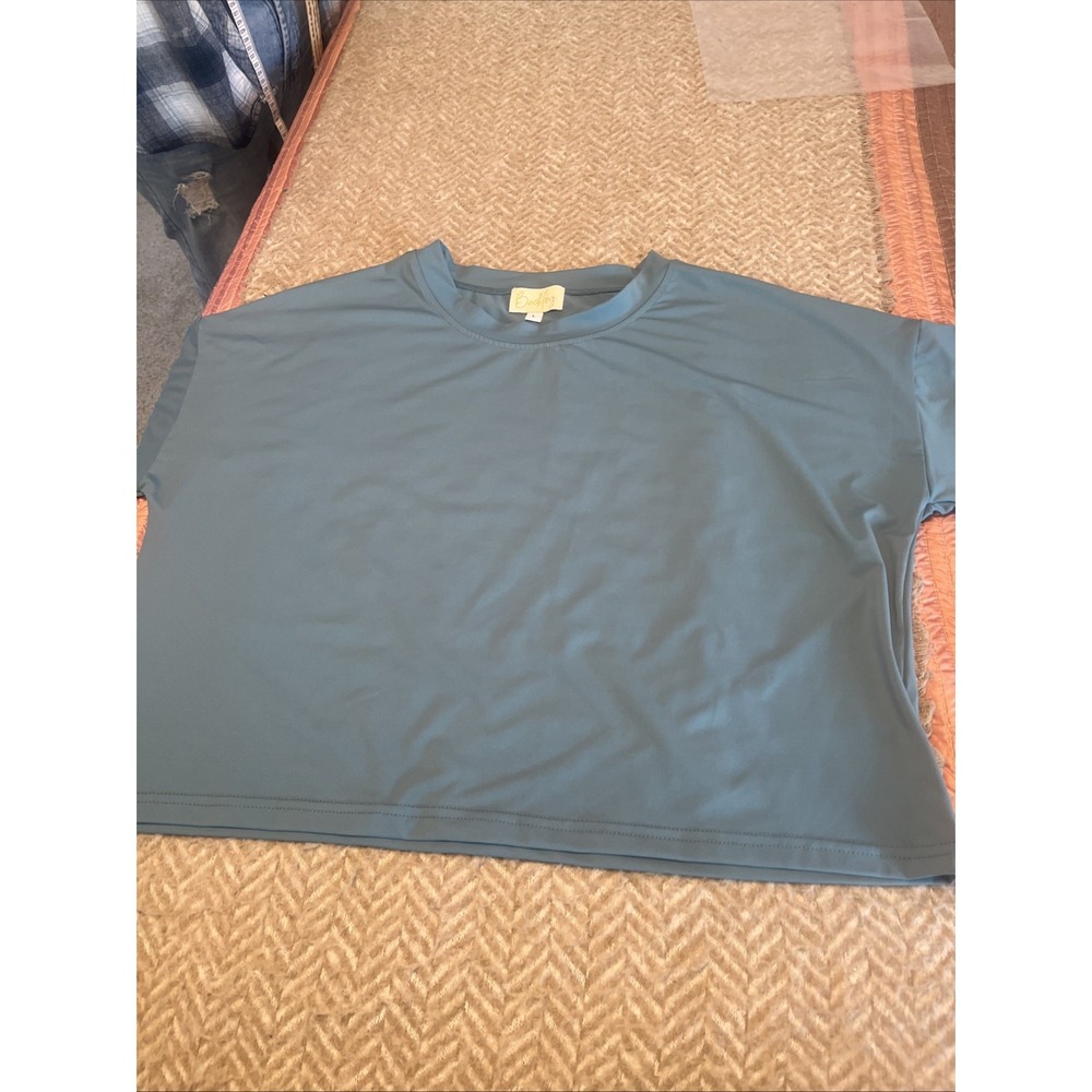 Buckley Womens Teal Crop Top Shirt Size L Short Sleeve Solid Casual T-Shirt